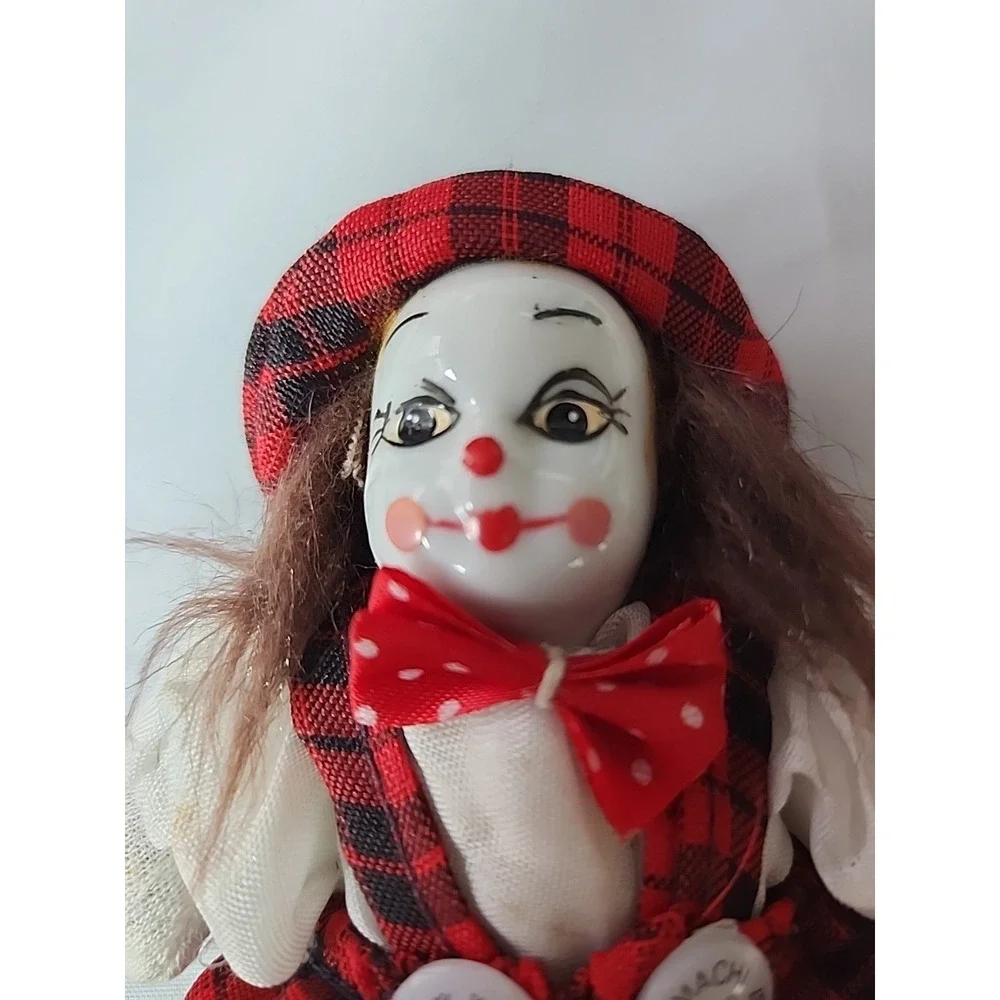 Vintage‎ Porcelain Clown Doll KMACHI Sand Bag Body Tartan Hat & Overalls  5